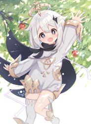 Rule 34 | 1girl, apple, arm up, asymmetrical legwear, black cape, black scarf, blurry, blurry background, blush, cape, commentary request, constellation, dress, fang, feet out of frame, food, fruit, genshin impact, grey eyes, hair ornament, halo, highres, looking at viewer, nekosination, open mouth, paimon (genshin impact), scarf, short hair, single thighhigh, skin fang, smile, solo, sparkle, thighhighs, tree, uneven legwear, waving, white dress, white footwear, white hair, white thighhighs