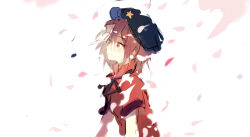 Rule 34 | 1girl, black hat, black ribbon, blush, brown hair, cabbie hat, cerevevisiae, chinese commentary, closed mouth, commentary request, falling petals, hair between eyes, hat, hat ornament, jiangshi, looking afar, miyako yoshika, neck ribbon, petals, red eyes, red shirt, ribbon, shirt, short hair, short sleeves, smile, solo, star (symbol), star hat ornament, touhou, upper body, white background