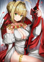 Rule 34 | 1girl, aestus estus, arm at side, artist name, bare shoulders, blonde hair, blush, braid, breasts, choker, cleavage, closed mouth, collarbone, curtains, detached sleeves, earrings, fate/grand order, fate (series), green eyes, hair bun, hair intakes, hair ribbon, hand up, hiroki (hirokiart), jewelry, juliet sleeves, large breasts, long sleeves, looking at viewer, nero claudius (fate), nero claudius (fate) (all), nero claudius (fate/extra), nero claudius (formal dress) (fate), official alternate costume, pelvic curtain, petals, puffy sleeves, red ribbon, ribbon, short hair, shoulder necklace, sidelocks, single hair bun, sitting, smile, solo, sparkle, thigh strap, thighs