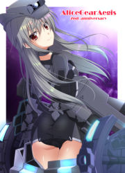 Rule 34 | 1girl, alice gear aegis, anniversary, ass, black leotard, closed mouth, commentary request, copyright name, cowboy shot, endori, english text, from behind, grey hair, headgear, highres, holding, holding weapon, jinguuji mari, leotard, long sleeves, looking at viewer, looking back, mecha musume, partial commentary, red eyes, smile, solo, standing, weapon