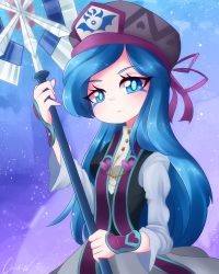 Rule 34 | 1girl, axe, battle axe, beret, blue background, blue eyes, blue hair, francisca (kirby), hat, heart, highres, kirby: star allies, kirby (series), littlecloudie, long hair, looking at viewer, nintendo, personification, solo, very long hair, weapon