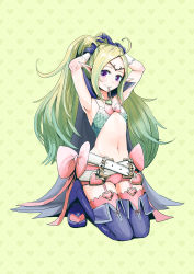 Rule 34 | absurdres, adjusting hair, armpits, blush, bow, fire emblem, fire emblem awakening, fire emblem heroes, flat chest, green hair, highres, kneeling, navel, nintendo, nowi (fire emblem), pink bow, pointy ears, purple eyes, shorts, smile, thighhighs, yyillust
