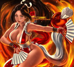 Rule 34 | 1girl, breasts, fatal fury, fire, izhardraws, large breasts, ponytail, shiranui mai