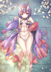 Rule 34 | 1girl, ankle ribbon, anklet, bare legs, bare shoulders, barefoot, barefoot sandals (jewelry), blunt bangs, cherry blossoms, cup, fate (series), flower, full body, ging1993, highres, horns, japanese clothes, jewelry, kimono, leg ribbon, looking at viewer, navel, on ground, pouring, purple eyes, purple hair, red ribbon, ribbon, sakazuki, shuten douji (fate), shuten douji (first ascension) (fate), sitting, skin-covered horns, smile, solo, wakamezake