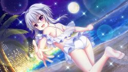 Rule 34 | 1girl, ahoge, ass, back, barefoot, beach, bikini, bikini skirt, breasts, building, dot nose, dutch angle, feet, film grain, from behind, full moon, game cg, grey hair, horizon, ichijou ruka, izumi tsubasu, lens flare, looking back, moon, night, night sky, non-web source, ocean, official art, open mouth, outdoors, outstretched arm, palm tree, purple eyes, re:stage!, reaching, reaching towards viewer, running, short hair with long locks, shoulder blades, skirt, sky, small breasts, smile, solo, sparkle, star (sky), starry sky, swimsuit, tree, white bikini, white skirt