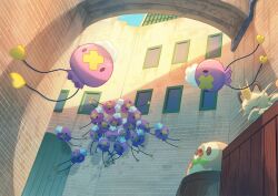 Rule 34 | absurdres, arch, barrel, bird, bright pupils, building, commentary request, crate, creatures (company), day, drifloon, game freak, gen 1 pokemon, gen 4 pokemon, gen 7 pokemon, highres, meowth, mokukitusui, motion blur, nintendo, no humans, open mouth, outdoors, pokemon, pokemon (creature), rowlet, solid oval eyes, window