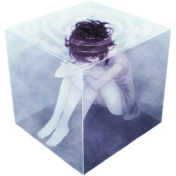 Rule 34 | 1girl, androgynous, barefoot, black hair, cube, dress, feet, iwai ryou, hugging own legs, original, refraction, ripples, short hair, sitting, solo, submerged, underwater, wet, wet clothes, wet hair