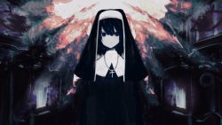 Rule 34 | 1girl, black hair, blue eyes, closed mouth, cross, cross necklace, hair between eyes, highres, jewelry, medium hair, necklace, nun, original, pale color, samejima nurie, solo, standing, traditional nun, upper body