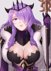 Rule 34 | 1girl, armor, black armor, breasts, camilla (fire emblem), cleavage, fire emblem, fire emblem fates, fire emblem heroes, grey background, hair over one eye, highres, holding, holding staff, large breasts, lips, long hair, looking at viewer, nintendo, official alternate costume, peach11 01, purple eyes, purple hair, solo, staff, very long hair, wavy hair