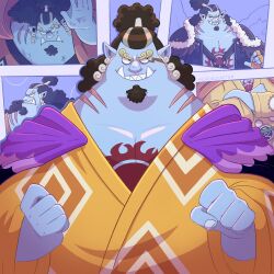 Rule 34 | 1boy, black hair, blue skin, clenched hands, colored skin, coop (microrockets), crossed arms, curly eyebrows, facial hair, fighting stance, fins, fish boy, frown, goatee, grin, hand up, highres, japanese clothes, jinbe (one piece), kimono, large pectorals, male focus, mature male, muscular, muscular male, official alternate costume, one piece, orange kimono, pectoral cleavage, pectorals, pointy ears, sideways glance, smile, tusks, upper body, v-shaped eyebrows
