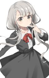 Rule 34 | 1girl, aki poi, black jacket, black ribbon, bow, braid, braided bangs, brown eyes, closed mouth, collarbone, collared jacket, commentary request, grey hair, grey skirt, hair over shoulder, hair ribbon, hand up, hisakawa nagi, idolmaster, idolmaster cinderella girls, jacket, juliet sleeves, long hair, long sleeves, low twintails, puffy sleeves, red bow, ribbon, simple background, skirt, solo, twintails, very long hair, white background