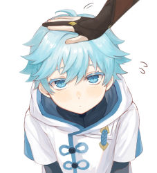 Rule 34 | aunt and nephew, blue eyes, blue hair, chongyun (genshin impact), commentary request, genshin impact, gloves, hair between eyes, half-closed eyes, hand on another&#039;s head, headpat, highres, kumo955, multiple boys, petting, shenhe (genshin impact), short hair, simple background, solo focus, white background