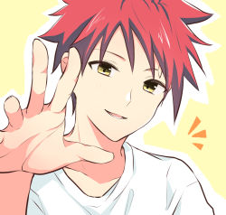 Rule 34 | 1boy, looking at viewer, open mouth, outstretched hand, red hair, shirt, shokugeki no souma, short hair, simple background, ssr ng, white shirt, yellow background, yellow eyes, yukihira souma