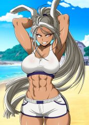 Rule 34 | 1girl, abs, absurdres, animal ears, armpits, arms behind head, bare shoulders, beach, boku no hero academia, breasts, cloud, cloudy sky, dark-skinned female, dark skin, floating hair, hair between eyes, highres, large breasts, long eyelashes, long hair, looking to the side, mirko, muscular, muscular female, navel, outdoors, ponytail, rabbit ears, rabbit girl, red eyes, sand, short shorts, shorts, sky, smile, solo, sports bra, stomach, theoiledone, thighs, very long hair, water, white hair, white shorts, white sports bra