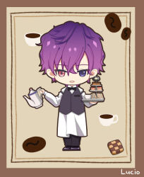 Rule 34 | 1boy, apron, bow, bowtie, checkerboard cookie, chibi, coffee beans, commentary, cookie, cup, food, full body, gradient hair, heterochromia, holding, holding teapot, holding tray, long sleeves, looking at viewer, lucio (lucioooo38), multicolored hair, nijisanji, nijisanji en, pants, pink eyes, purple eyes, purple hair, short hair, smile, solo, teacup, teapot, tiered tray, traditional bowtie, tray, uki violeta, vest, virtual youtuber, waiter