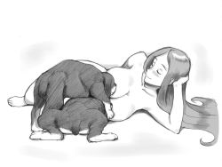 Rule 34 | 1girl, bestiality, blush, breast sucking, breastfeeding, breasts, caracol, dog, double breast sucking, interspecies, large breasts, mature female, monochrome, puppy, simple background, smile, tagme, topless, white background