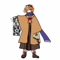 Rule 34 | 1other, adapted costume, androgynous, blue scarf, boots, brown coat, brown hakama, coat, cocopalm, full body, green footwear, green kimono, hairband, hakama, hakama skirt, highres, japanese clothes, kimono, len&#039;en, long sleeves, medium hair, no nose, open clothes, open coat, orange eyes, orange hair, other focus, red hairband, red ribbon, ribbon, scarf, shorts, simple background, sketch, skirt, solo, white background, white shorts, wide sleeves, zuifeng tenkai