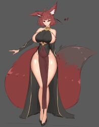 Rule 34 | 1girl, absurdres, ahoge, animal ear fluff, animal ears, areola slip, bare shoulders, breasts, dress, fluffy, fox ears, fox girl, fox tail, gold trim, halo, highres, kitsune, krass, large breasts, looking at viewer, mole, original, pelvic curtain, red eyes, red halo, red tail, revealing clothes, short hair, simple background, sketch, solo, tail, thick thighs, thighs