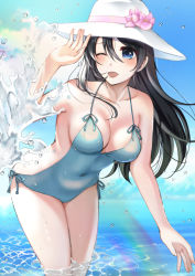 Rule 34 | 1girl, ;d, absurdres, backless swimsuit, black eyes, black hair, blue one-piece swimsuit, blue sky, breasts, cleavage, cloud, cloudy sky, covered navel, cowboy shot, day, flower, girls und panzer, hat, hat flower, highres, isuzu hana, leaning forward, long hair, looking at viewer, medium breasts, one-piece swimsuit, one eye closed, open mouth, outdoors, pink flower, side-tie swimsuit, sky, smile, solo, splashing, standing, sun hat, swimsuit, touma (tsunamiharuru), wading, water, water drop, white hat