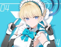 Rule 34 | 1girl, black gloves, blonde hair, blue archive, blue background, blue bow, blue bowtie, blue eyes, bow, bowtie, breasts, ev (dai00888), fingerless gloves, gloves, halo, highres, looking at viewer, maid, maid headdress, medium breasts, short hair, solo, toki (blue archive), upper body