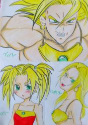 Rule 34 | 1girl, artist request, blonde hair, blush, broly (dragon ball z), dragonball z, earrings, green eyes, translation request, twintails
