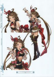 Rule 34 | 1girl, absurdres, boots, breasts, brown footwear, brown hair, cleavage, dress, full body, gloves, granblue fantasy, harie (granblue fantasy), hat, highres, holding, holding microphone, long hair, looking at viewer, medium breasts, microphone, minaba hideo, multiple views, official art, one eye closed, open mouth, page number, scan, smile, standing, thigh boots, thighhighs