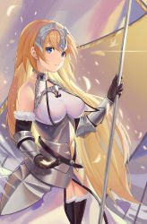 Rule 34 | 1girl, armor, armored dress, bare shoulders, black gloves, black thighhighs, blonde hair, blue eyes, breasts, chain, commentary request, dress, elbow gloves, fate/grand order, fate (series), feathers, flag, fur-trimmed gloves, fur-trimmed legwear, fur trim, gloves, glowing, hair between eyes, headpiece, highres, holding, holding flag, jeanne d&#039;arc (fate), jeanne d&#039;arc (ruler) (fate), jeanne d&#039;arc (third ascension) (fate), komi (komiking), long hair, looking at viewer, medium breasts, parted lips, plackart, sleeveless, sleeveless dress, solo, standard bearer, thighhighs, very long hair, white dress, white flag