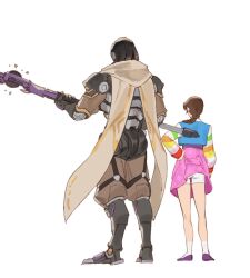 Rule 34 | 1boy, 1girl, ankle socks, blue jeogori, boyshort panties, braid, brown pants, brown scarf, clothes lift, d.va (overwatch), flats, from behind, full body, highres, holding, holding staff, holding weapon, humanoid robot, multicolored jeogori, official alternate costume, overwatch, overwatch 2, palanquin d.va, panties, pants, pantyshot, pink skirt, purple footwear, ramattra (overwatch), robot, scarf, simple background, single braid, skirt, skirt lift, socks, staff, standing, underwear, upskirt, velinxi, weapon, white background, white panties, white socks, wind, wind lift