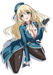 Rule 34 | 10s, 1girl, :d, atago (kancolle), black pantyhose, blonde hair, blue eyes, breasts, chaki-yam, cleavage, colorized, hat, kantai collection, large breasts, long hair, long sleeves, open mouth, panties, panties under pantyhose, pantyhose, sitting, sketch, smile, solo, underwear, wariza