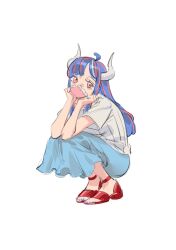 Rule 34 | 1girl, ahoge, blue hair, blue skirt, covered mouth, curled horns, dinosaur girl, full body, hands on own chin, head rest, horns, long hair, mask, mouth mask, multicolored hair, one piece, pink eyes, pink hair, pink mask, raine (acke2445), red footwear, shirt, simple background, skirt, solo, squatting, streaked hair, ulti (one piece), white background, white shirt