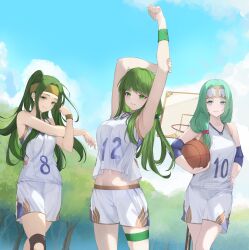 3girls absurdres ball basketball_(object) basketball_court basketball_hoop basketball_jersey basketball_uniform blue_sky cloud commentary english_commentary fire_emblem fire_emblem:_mystery_of_the_emblem fire_emblem:_path_of_radiance fire_emblem:_radiant_dawn fire_emblem:_shadow_dragon_and_the_blade_of_light fire_emblem:_the_sacred_stones fire_emblem_heroes green_eyes green_hair hairband headband highres legband long_hair looking_at_viewer midriff_peek multiple_girls nintendo outdoors palla_(fire_emblem) ritence shirt shorts sigrun_(fire_emblem) sky sleeveless sleeveless_shirt smile sportswear stretching syrene_(fire_emblem) tree white_shorts wristband