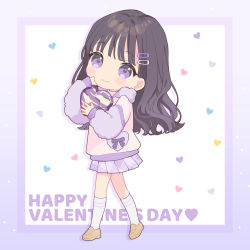 Rule 34 | 1girl, black hair, blush stickers, chibi, chocolate, food, fur collar, fur sleeves, hair ornament, hairclip, hand on own face, happy valentine, heart, heart-shaped pupils, highres, holding, holding chocolate, holding food, hood, hoodie, loafers, long hair, looking at viewer, mameyanagi, original, plaid, plaid skirt, pleated skirt, purple eyes, shoes, skirt, smile, socks, solo, symbol-shaped pupils, valentine, walking