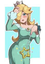 Rule 34 | 1girl, aqua dress, arched back, bare shoulders, blonde hair, blue eyes, blush, breasts, brooch, collarbone, crown, dress, earrings, eyelashes, hair over one eye, heart, highres, holding, holding wand, jewelry, large breasts, lips, long hair, long sleeves, looking at viewer, mario (series), nintendo, open mouth, rosalina, simple background, solo, star (symbol), star brooch, star earrings, star wand, super mario galaxy, tight clothes, tight dress, toggy keiichi, wand