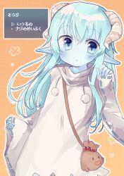 Rule 34 | 1girl, :&lt;, blue eyes, blue hair, blue skin, blush, colored skin, dialogue options, drawstring, dress, freckles, gameplay mechanics, grid background, highres, horns, long hair, nisemono wakura, orange background, original, outline, pointy ears, pouch, solo, white dress, white outline, wide sleeves