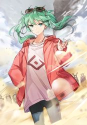 Rule 34 | 1girl, apring, bad id, bad pixiv id, blue pants, cardigan, collarbone, dust cloud, dutch angle, earrings, eyewear on head, floating hair, green eyes, green hair, grey shirt, hair between eyes, hand in pocket, hatsune miku, jewelry, long hair, looking at viewer, open cardigan, open clothes, outdoors, pants, red-framed eyewear, red sweater, shirt, solo focus, standing, suna no wakusei (vocaloid), sweater, twintails, vocaloid