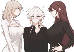 Rule 34 | !?, 3girls, aponia (honkai impact), black shirt, black sweater, blank eyes, blonde hair, breasts, brown hair, cleavage, cleavage cutout, closed eyes, clothing cutout, collared shirt, commentary, earrings, eden (honkai impact), english commentary, hair between eyes, hand on another&#039;s shoulder, high ponytail, honkai (series), honkai impact 3rd, jewelry, kiana kaslana, long hair, long sleeves, looking at another, multicolored hair, multiple girls, parted lips, red hair, riejiu, ring, shirt, simple background, streaked hair, sweater, turtleneck, turtleneck sweater, two-tone hair, white background, white hair, white sweater