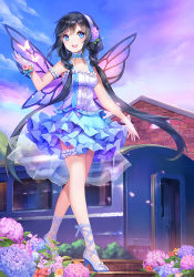 Rule 34 | 1girl, :d, arm at side, arm garter, bad id, bad pixiv id, black hair, blue eyes, blue skirt, blush, braid, brick, bug, bush, butterfly, butterfly wings, choker, cloud, cross-laced clothes, cross-laced legwear, fairy, field, flower, flower field, frilled skirt, frills, full body, gloves, hair flower, hair ornament, hairband, hand up, high heels, hydrangea, insect, insect wings, lace, lace gloves, long hair, looking away, open mouth, outdoors, pink flower, purple flower, see-through, skirt, sky, sleeveless, smile, solo, stairs, stella chen yui, tree, twin braids, twintails, utau, very long hair, walking, white flower, wings, xia yu yao