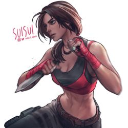 Rule 34 | 1girl, abs, alternate costume, bandages, bandaged fingers, bandages, breasts, brown hair, cargo pants, caveira (rainbow six siege), cleavage, combat knife, cornrows, dark skin, dark-skinned female, fighting stance, grey eyes, hair over shoulder, hand wraps, highres, holding, holding knife, holding weapon, knife, lips, medium breasts, midriff, mole, mole above mouth, motion blur, multicolored hair, navel, nose, pants, rainbow six siege, reverse grip, solo, sports bra, streaked hair, suisui again, toned, weapon