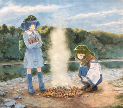 Rule 34 | 2girls, :q, adapted costume, backpack, bag, blue eyes, blue footwear, blue hair, blue shirt, blue skirt, blue sky, blunt bangs, blush, bonfire, boots, brown footwear, brown neckwear, brown scarf, burning, camping, closed eyes, cloud, cloudy sky, collared shirt, commentary request, crossed arms, day, detached sleeves, fire, flat cap, food, forest, frilled shirt collar, frills, frog hair ornament, green bag, green hair, green headwear, hair bobbles, hair ornament, hair tubes, hat, holding, holding food, kawashiro nitori, key, knee boots, kochiya sanae, licking lips, loafers, long hair, long skirt, long sleeves, marker (medium), multiple girls, nature, open mouth, outdoors, pocket, river, roasted sweet potato, rock, rubber boots, scarf, scenery, shiratama (hockey), shirt, shoes, shore, short hair, short twintails, skirt, skirt set, sky, sleeveless, sleeveless shirt, snake hair ornament, squatting, standing, sweet potato, tongue, tongue out, touhou, traditional media, twintails, warming, warming hands, white shirt, wide sleeves