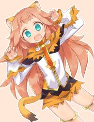 Rule 34 | 1girl, :3, animal ears, blue eyes, blush, farfalia, highres, kyuuri (miyako), lion ears, lion tail, long hair, open mouth, paw pose, pink hair, pleated skirt, pop-up story, simple background, skirt, smile, solo, tail