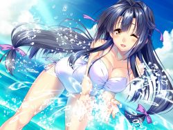Rule 34 | 1girl, aozora stripe, bent over, blue hair, blush, breasts, cleavage, cloud, day, dutch angle, hair intakes, hair ribbon, half updo, hasekura misato, large breasts, light trail, long hair, looking at viewer, low-tied long hair, one-piece swimsuit, one eye closed, open mouth, outdoors, piromizu, ribbon, sidelocks, sky, solo, splashing, swimsuit, water, white one-piece swimsuit, wink, yellow eyes