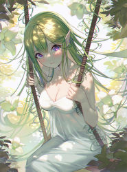 Rule 34 | 1girl, bare shoulders, blush, breasts, cleavage, closed mouth, collarbone, commentary, dai nikucho, dappled sunlight, day, dress, elf, feet out of frame, flower, green hair, highres, long hair, medium breasts, original, outdoors, pointy ears, purple eyes, sitting, strapless, strapless dress, sunlight, swing, symbol-only commentary, very long hair, white dress, white flower
