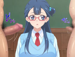 Rule 34 | 1girl, blue eyes, blue hair, blush, breasts, censored, collared shirt, erection, glasses, hair over shoulder, highres, hugtto! precure, indoors, large breasts, large penis, legs, long hair, looking to the side, male pubic hair, mosaic censoring, necktie, parted lips, penis, penis size difference, precure, pubic hair, red-framed eyewear, school uniform, shirt, sidelocks, sitting, size difference, small penis, solo focus, sound effects, standing, sweatdrop, tedain, thighs, upper body, yakushiji saaya