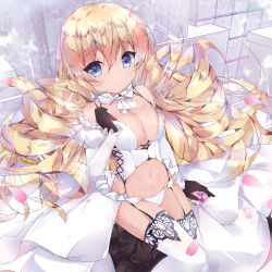 Rule 34 | 1girl, bare shoulders, black gloves, blonde hair, blue eyes, breasts, cleavage, closed mouth, corset, covered erect nipples, cowboy shot, detached sleeves, drill hair, eyebrows, frills, from above, gloves, hair between eyes, highres, lion (warship girls r), long hair, looking at viewer, navel, panties, petals, puffy sleeves, sitting, solo, stomach, thighhighs, twiska (doubitian), underwear, very long hair, warship girls r, white panties