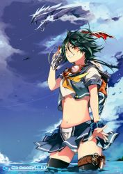 Rule 34 | 1girl, absurdres, black thighhighs, brown eyes, cloud, dragon, flower, flying, goggles, goggles around neck, green hair, grin, highres, midriff, navel, original, panties, pantyshot, pouch, scan, short hair, skirt, sky, smile, solo, tenryou sena, thigh pouch, thighhighs, underwear, upskirt, wading, water