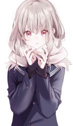Rule 34 | 1girl, black jacket, black sailor collar, blush, breath, brown hair, brown scarf, commentary request, fringe trim, grey background, hands up, highres, jacket, long hair, looking at viewer, misumi (macaroni), original, parted lips, red eyes, redrawn, sailor collar, scarf, solo, upper body
