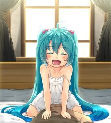Rule 34 | 1girl, :d, ^ ^, absurdres, ahoge, aqua eyes, bloomers, blush, camisole, curtains, closed eyes, fang, hair bobbles, hair ornament, hatsune miku, highres, kitsunerider, long hair, open mouth, smile, solo focus, straddling, strap slip, twintails, underwear, very long hair, vocaloid, window, aged down