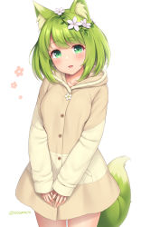 Rule 34 | 1girl, animal ears, blush, breasts, buttons, cowboy shot, dress, flower, fox ears, fox girl, fox tail, green eyes, green fox (sasaame), green hair, green tail, hair flower, hair ornament, head wreath, highres, long sleeves, looking at viewer, medium breasts, medium hair, original, sasaame, simple background, smile, solo, standing, tail, twitter username, white background