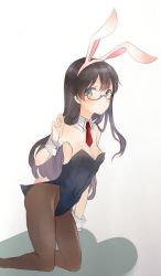 Rule 34 | 1girl, animal ears, black hair, blush, breasts, brown pantyhose, bunny day, detached collar, fake animal ears, green eyes, kantai collection, kneeling, leotard, long hair, looking at viewer, necktie, ooyodo (kancolle), pantyhose, playboy bunny, rabbit ears, rabbit tail, raymie0124, red necktie, semi-rimless eyewear, shadow, small breasts, solo, tail, under-rim eyewear, wrist cuffs