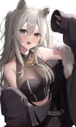 Rule 34 | 1girl, absurdres, animal ears, breasts, cleavage, crop top, ear piercing, fur-trimmed jacket, fur trim, grey hair, highres, hololive, jacket, jacket partially removed, jewelry, large breasts, lion ears, lion girl, long hair, necklace, open mouth, piercing, see-through, see-through cleavage, shirt, shishiro botan, shishiro botan (1st costume), sleeveless, sleeveless shirt, solo, virtual youtuber, yuteke key, zipper skirt